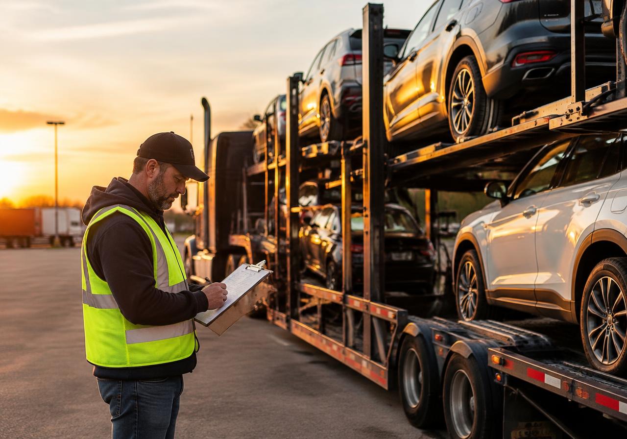 Licensed car hauler driver checking paperwork beside a loaded carrier